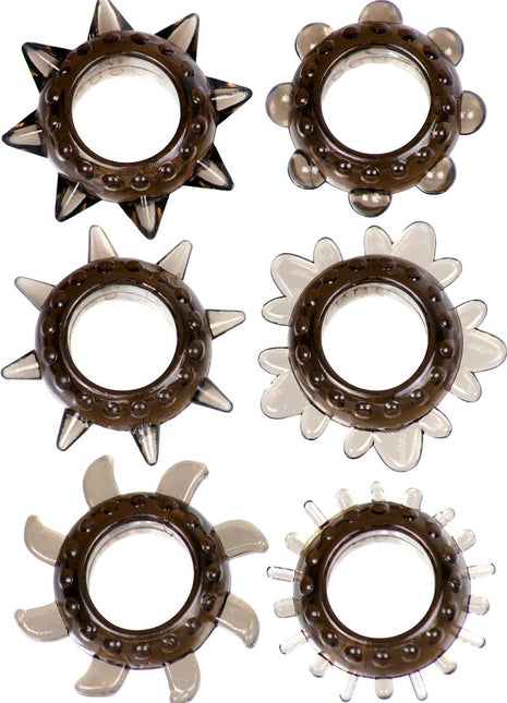 ME YOU US Tickler Ring Set Assorted Textured Cock Rings - Smoke - 6 Pack