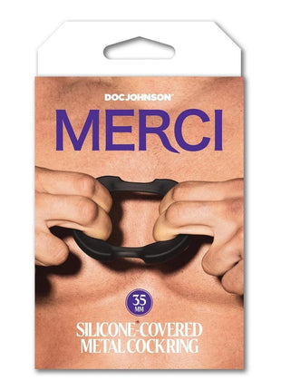 Merci Silicone Covered Metal Cock Ring - Black/Metal - 35mm