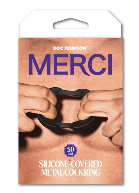 Merci Silicone Covered Metal Cock Ring - Black/Metal - 50mm