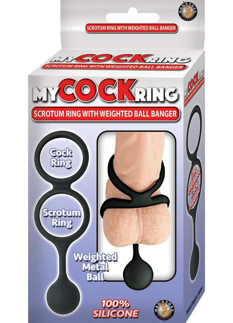 My Cock Ring Scrotum Ring with Weighted Ball Banger Silicone Cock Ring - Black