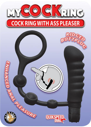 My Cock Ring Silicone Cock Ring with Vibrating Ass Pleaser Butt Plug - Black