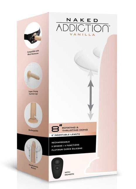 Naked Addiction Rotating and Thrusting Vibrating Rechargeable Silicone Dong with Remote Control - Vanilla - 8in