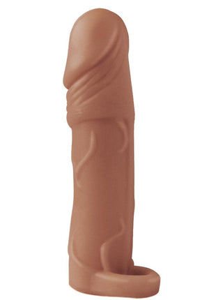 Natural Realskin Vibrating Penis Extender with Scrotum Ring - Chocolate