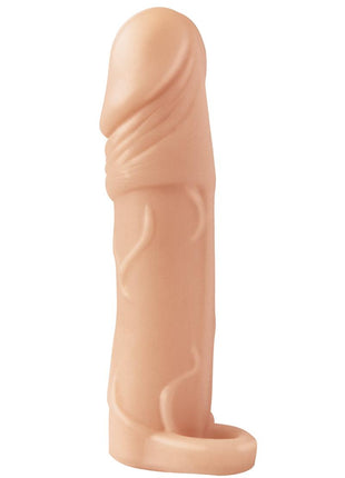 Natural Realskin Vibrating Penis Extender with Scrotum Ring - Flesh/Vanilla