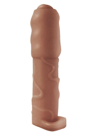 Natural Realskin Vibrating Uncircumcised Penis Extender with Scrotum Ring - Brown/Chocolate