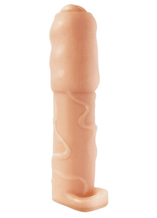 Natural Realskin Vibrating Uncircumcised Penis Extender with Scrotum Ring - Vanilla