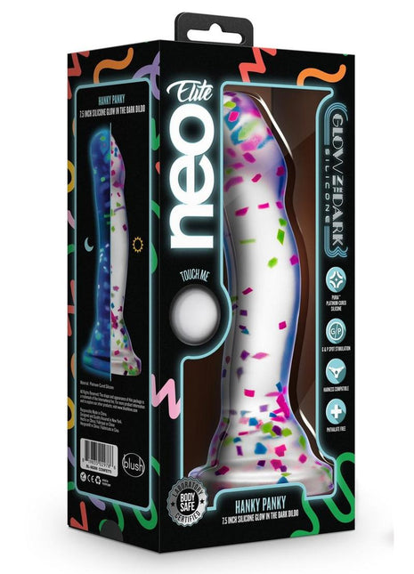 Neo Elite Glow In The Dark Silicone Hanky Panky Dildo 7.5in - Confetti - Glow In The Dark/Multicolor