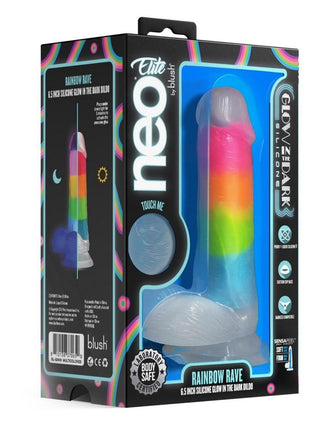 Neo Elite Glow In The Dark Silicone Rainbow Rave Dildo - Glow In The Dark/Multicolor - 6.5in