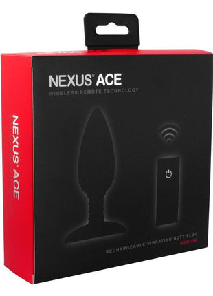 Nexus Ace Rechargeable Silicone Vibrating Butt Plug with Remote Control - Black - Medium