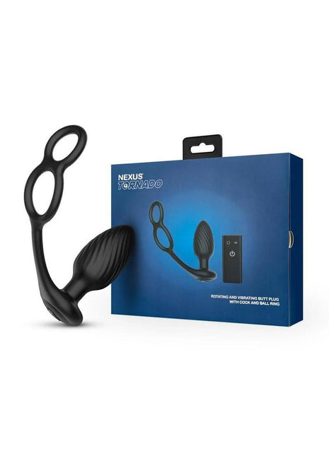 Nexus Tornado Silicone Rechargeable Remote Rotating Plug with Cock and Ball Rings - Black