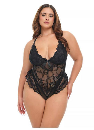 Oh LA LA Valentine Sheer Lace Teddy - Black - 3XLarge/4XLarge