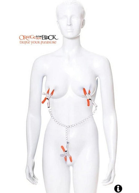 Orange Is The New Black Triple Your Pleasure Nipple and Clitoral Clamps with Chain - Orange
