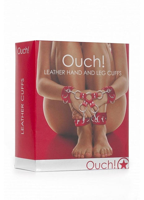 Ouch! Leather Hand and Leg Cuffs - Red