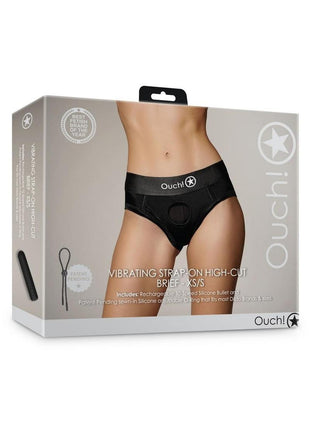 Ouch! Vibrating Strap-On High-Cut Brief Rechargeable - Black - Small/XSmall