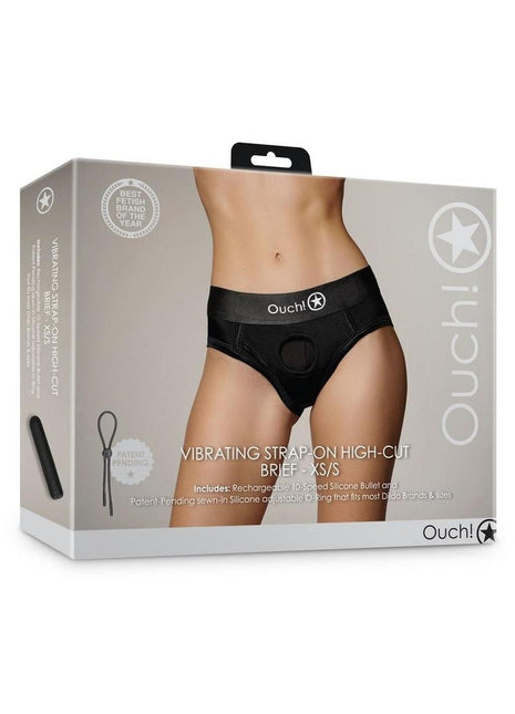 Ouch! Vibrating Strap-On High-Cut Brief Rechargeable - Black - Small/XSmall