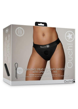 Ouch! Vibrating Strap-On Panty Harness with Open Back Rechargeable - Black - Large/Medium