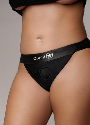 Ouch! Vibrating Strap-On Panty Harness with Open Back Rechargeable - Black - XLarge/XXLarge