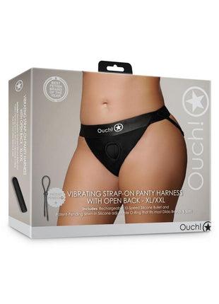 Ouch! Vibrating Strap-On Panty Harness with Open Back Rechargeable - Black - XLarge/XXLarge