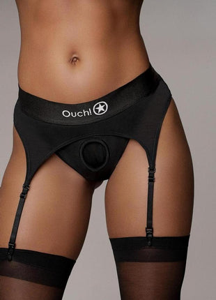 Ouch! Vibrating Strap-On Thong with Adjustable Garters Rechargeable - Black - Large/Medium