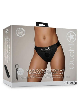 Ouch! Vibrating Strap-On Thong with Removable Butt Straps Rechargeable - Black - Large/Medium