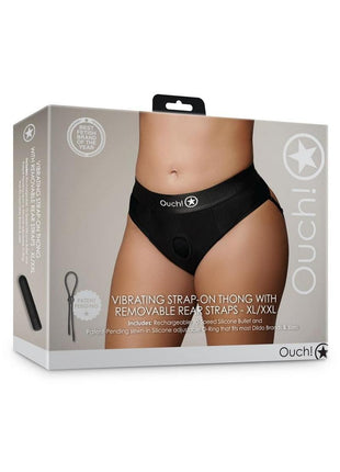 Ouch! Vibrating Strap-On Thong with Removable Butt Straps Rechargeable - Black - XLarge/XXLarge