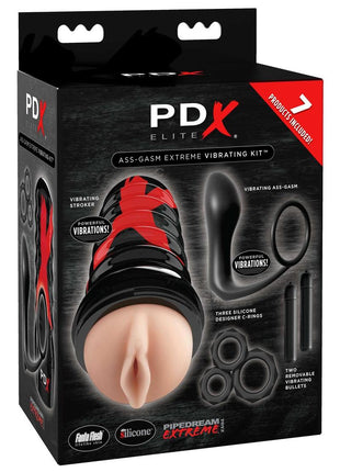 Pipedream Extreme Elite Ass-Gasm Vibrating Kit Masturbator with Bullets - Pussy - Black/Vanilla