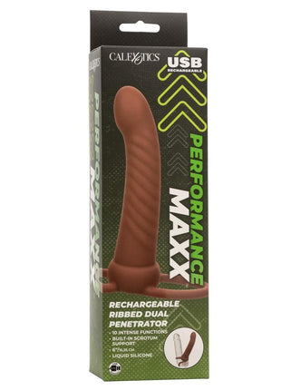 Performance Maxx Rechargeable Silicone Ribbed Dual Penetrator Extender - Chocolate