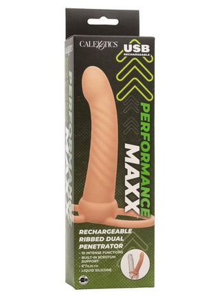 Performance Maxx Rechargeable Silicone Ribbed Dual Penetrator Extender - Vanilla