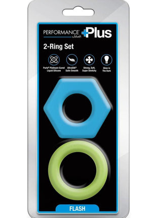 Performance Plus Flash Silicone Glow In The Dark Cock Ring - Glow In The Dark/Multicolor - 2 Piece/Set