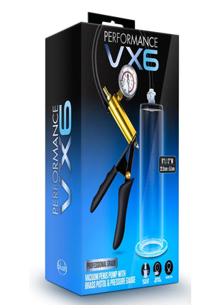 Performance Vx6 Vacuum Penis Pump with Brass Pistol and Pressure Gauge - Clear - 9.5in