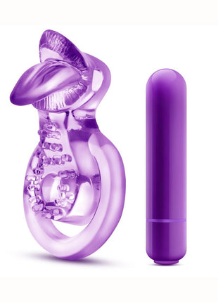 Play with Me Lick It Vibrating Double Strap Cock Ring - Purple