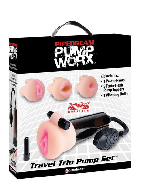 Pump Worx Travel Trio 9 Piece Penis Pump and Pleasure Sleeve - Black/Vanilla - Set