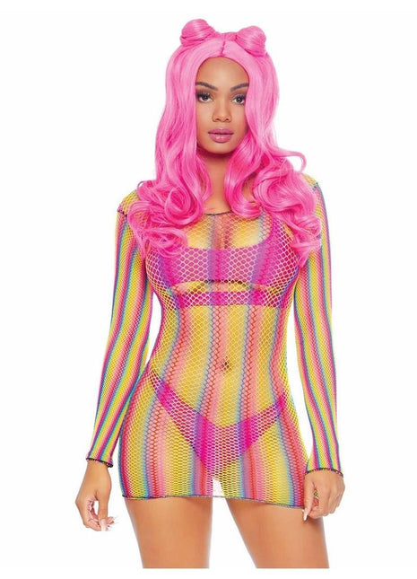 Rainbow Fishnet Long Sleeve Mini Dress - Multicolor - One Size