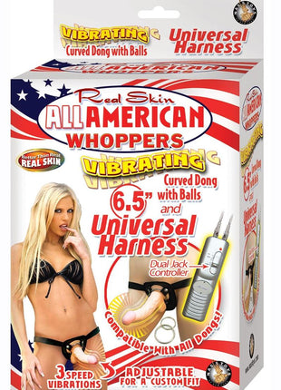 Real Skin All American Whoppers Vibrating Dildo with Universal Harness - Black/Flesh/Vanilla - 6.5in