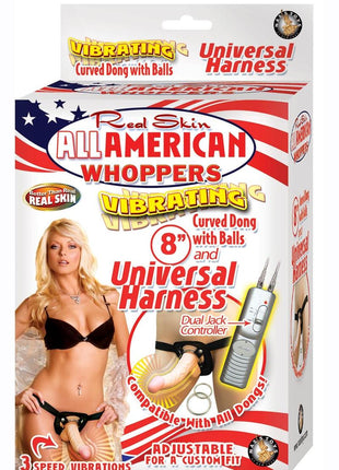 Real Skin All American Whoppers Vibrating Dildo with Universal Harness - Black/Vanilla - 8in