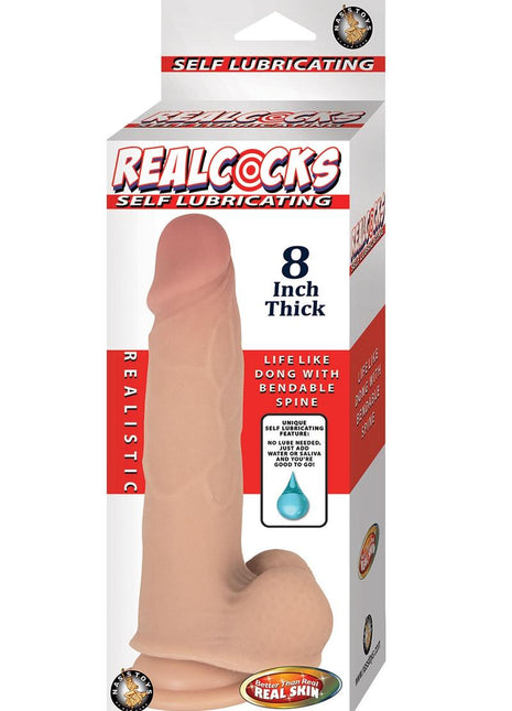 Realcocks Self Lubricating Bendable Thick Dildo with Balls - Vanilla - 8in