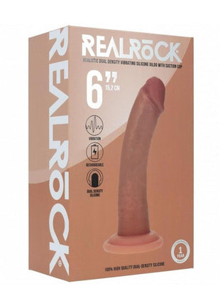 Realrock Dual Layered Rechargeable Silicone Curved Realistic Vibrating Dildo with Suction Cup - Caramel - 6in