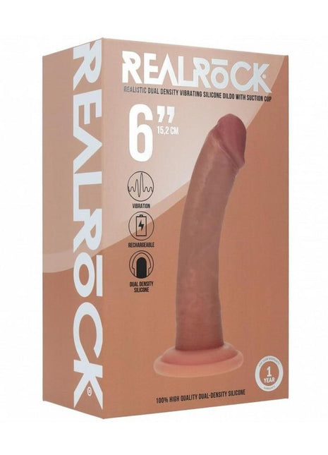 Realrock Dual Layered Rechargeable Silicone Curved Realistic Vibrating Dildo with Suction Cup - Caramel - 6in