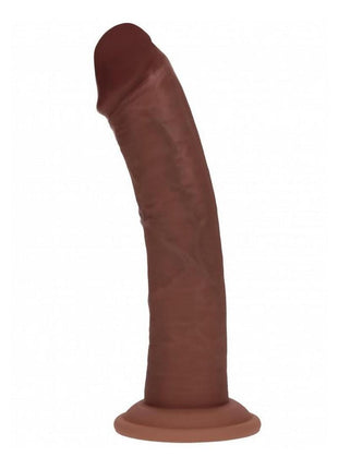 Realrock Dual Layered Rechargeable Silicone Curved Realistic Vibrating Dildo with Suction Cup - Chocolate - 8in