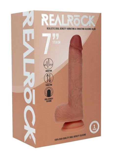 Realrock Dual Layered Silicone Realistic Vibrating Thrusting Dildo with Balls and Suction Cup - Caramel - 8in