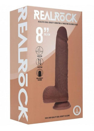 Realrock Dual Layered Silicone Realistic Vibrating Thrusting Dildo with Balls and Suction Cup - Chocolate - 9in