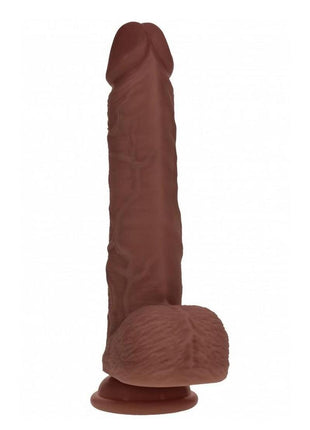 Realrock Dual Layered Silicone Realistic Vibrating Thrusting Dildo with Balls and Suction Cup - Chocolate - 9in