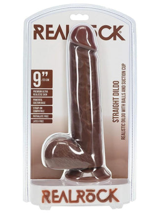 Realrock Realistic Skin Straight Realistic Dildo with Balls and Suction Cup - Chocolate - 9in