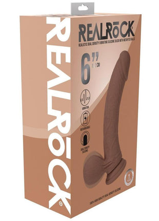 Realrock Rechargeable Silicone Dual Layered Vibrating Curved Dildo with Weighted Balls - Caramel - 6in