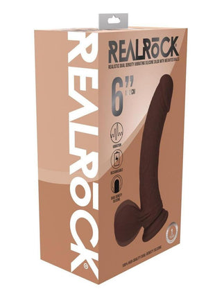 Realrock Rechargeable Silicone Dual Layered Vibrating Curved Dildo with Weighted Balls - Chocolate - 6in
