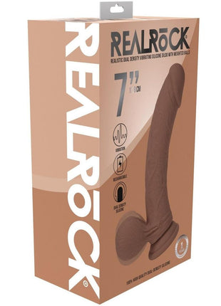 Realrock Rechargeable Silicone Dual Layered Vibrating Curved Dildo with Weighted Balls - Caramel - 7in