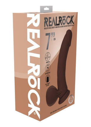 Realrock Rechargeable Silicone Dual Layered Vibrating Curved Dildo with Weighted Balls - Chocolate - 7in