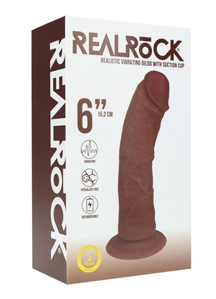 Realrock Ultra Realistic Skin Vibrating Rechargeable Curved Dildo - Chocolate - 6in