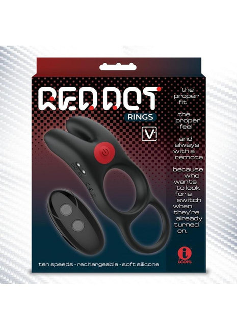 Red Dot Silicone Rechargeable Vibrating Cock Ring V1 with Remote Control - Black/Red