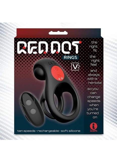 Red Dot Silicone Rechargeable Vibrating Cock Ring with Controller V2 - Black/Red